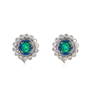 Vintage/Estate Two-Tone Gold & Platinum Diamonds Stud Earrings with Emeralds