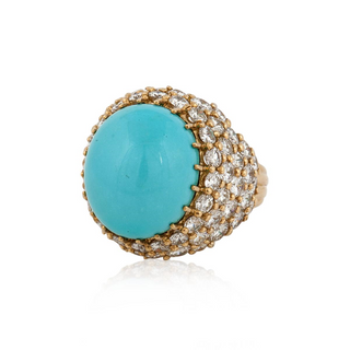 Vintage/Estate 18K Gold Turquoise Dome Ring with Diamonds