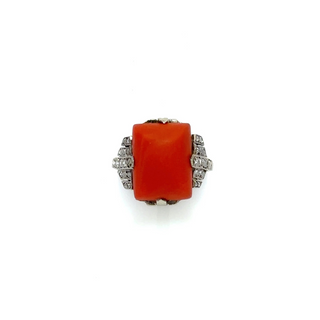 Art Deco Sterling Silver Sugarloaf Coral Ring with Diamonds