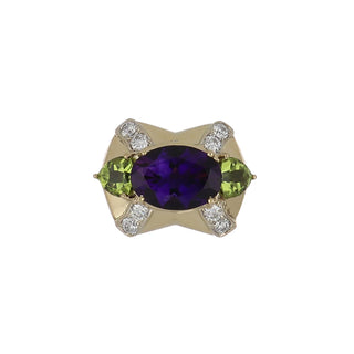 Estate 18K Gold Amethyst and Peridot Ring with Diamonds