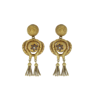 Victorian 14K Gold Tassel Earrings with Pearls and Enamel Star