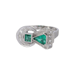 Retro 18K White Gold Emerald Ring with Diamonds