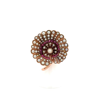 Victorian 14K Rose Gold Ruby and Pearl Palm Frond Ring