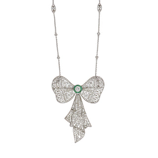 Edwardian Platinum Emerald & Diamond Bow Pin / Pendant Necklace