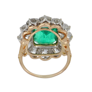 Victorian Platinum and 18K Rose Gold Emerald and Diamond Cluster Ring