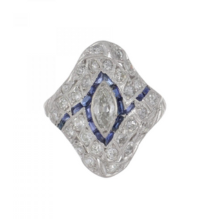 Platinum Diamonds Navette Ring with Sapphires