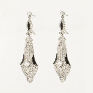 Art Deco Platinum Diamond Drop Earrings with Onyx