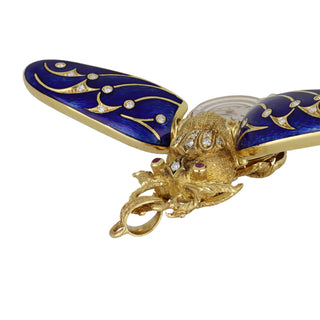 Retro 18K Gold Blue Enamel Beetle Pendant with Diamonds and Rubies