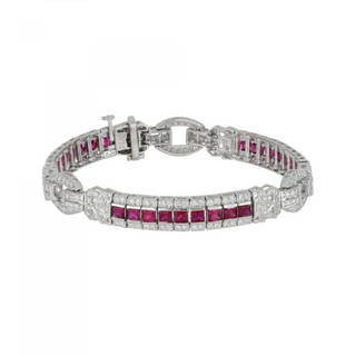 Vintage 1990s Platinum Princess-Cut Ruby Bracelet with Diamonds