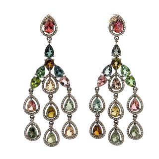 Tenenbaum Collection Sterling Silver Tourmalines Chandelier Earrings with Diamond