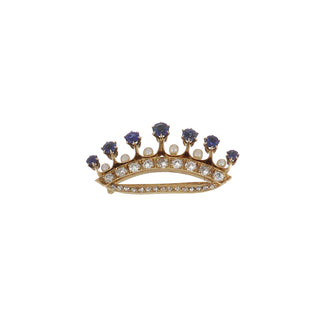 Victorian 14K Gold Crown Pin with Sapphires, Diamonds and Pearls