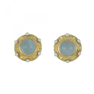 Signed 18K Gold Aquas Button Earrings with Pearls