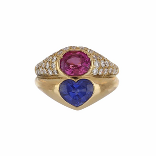 Vintage 1980s Bulgari 18K Gold Pink and Blue Sapphire Twin Stone Ring