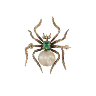 Victorian 14K Gold Diamond Spider Pin with Emerald and Pearl Body