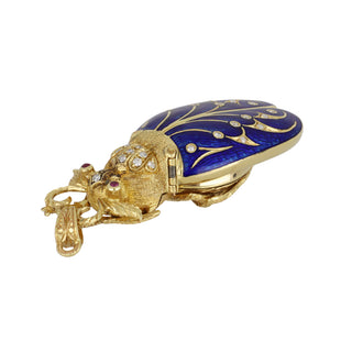 Retro 18K Gold Blue Enamel Beetle Pendant with Diamonds and Rubies