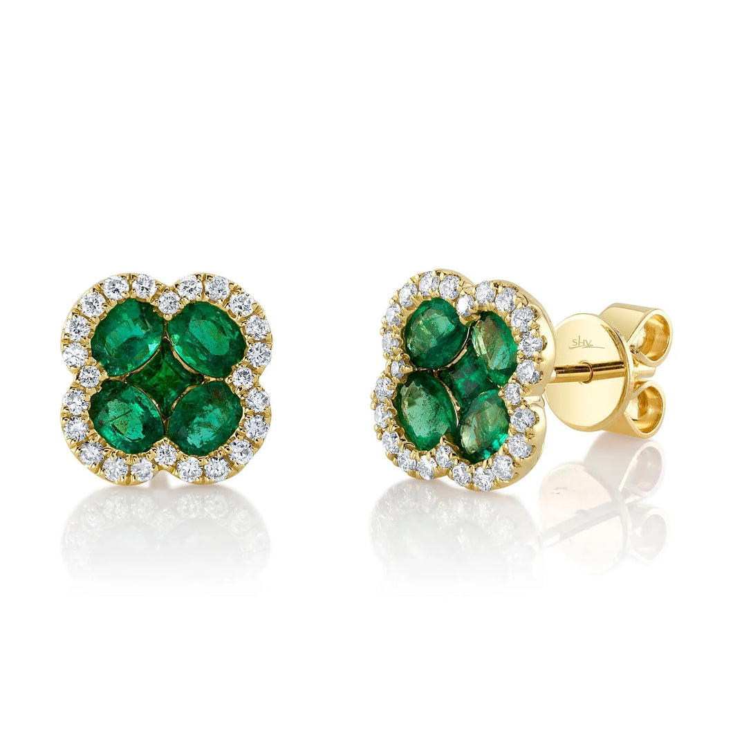 Shy Creation 14K Gold Emerald Clover Stud Earrings