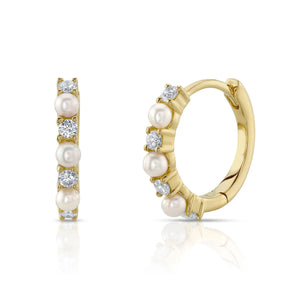 Shy Creation 14K Gold Diamond and Pearl Huggie Earrings