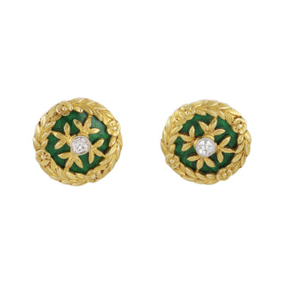 Art Nouveau 18K Gold Green Enamel Stud Earrings with Diamonds