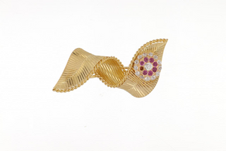 Retro Mauboussin 18K Gold Ribbon Pin with Rubies and Diamonds