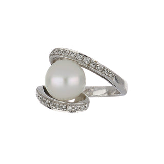 Vintage/Estate 18K White Gold Cultured Pearl Bypass Ring with Diamonds