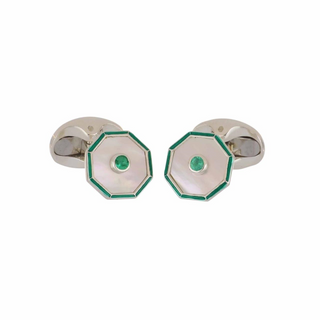 Deakin & Francis Sterling Silver Emeralds Cufflinks with Mother Of Pearls