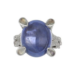 Estate Nicholas Varney 18K White Gold Sapphire Ring with Moonstone and Diamonds