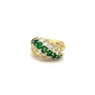 Vintage/Estate 18K Gold Emeralds Dome Ring with Diamonds