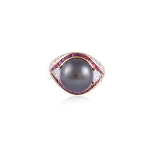 Vintage/Estate 18K Gold Tahitian Pearl Cocktail Ring with Rubies