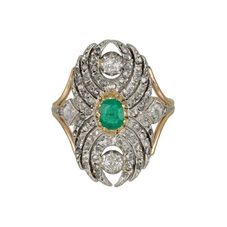 Belle Epoque Gold & Platinum Emerald Navette Ring with Diamonds