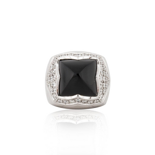 Estate 18K White Gold Bulgari Onyx Pyramid Ring with Diamonds