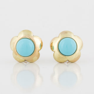 Signed 18K Gold Turquoises Clip Earrings