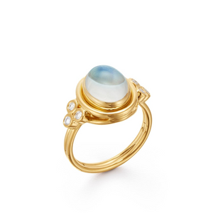 New-Reorderable Temple St Clair Yellow 18K Gold 2.75 Carat Cabochon Cut Moonstone Solitaire Ring with Side Stones with Diamonds