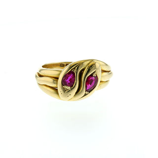 Victorian 18K Gold Bypass Serpent Ring with Synthetic Rubies