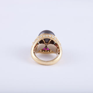 Vintage/Estate 18K Gold Tahitian Pearl Cocktail Ring with Rubies