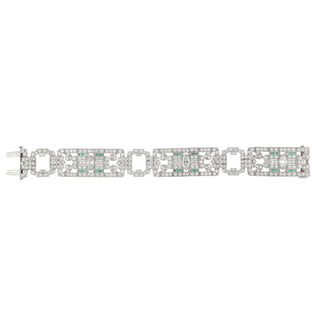 Art Deco Platinum Diamond Link Bracelet with Emeralds