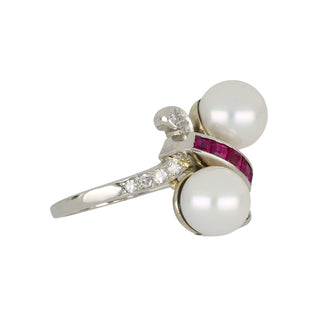 Art Deco Platinum Pearl Bypass Ring with Diamonds and Rubies