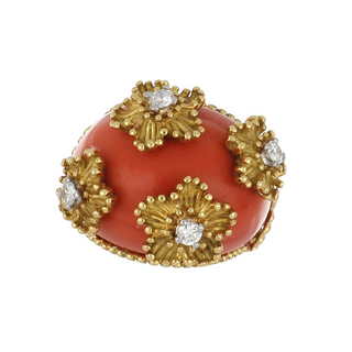 Neiman Marcus 18K Gold Coral Cocktail Ring with Diamonds