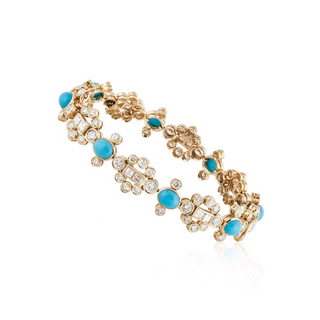 Signed 18K Gold Turquoises Link Bracelet with Diamonds