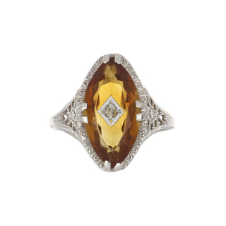 Vintage/Estate White 14K Gold Citrine Solitaire Ring with Diamond