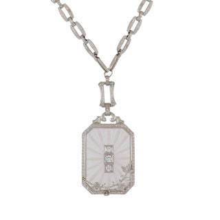 Antique Collection White 14K Gold Diamonds Pendant Necklace with Rock Crystal