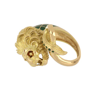 Mid-Century 18K Gold Enamel Lion Ring