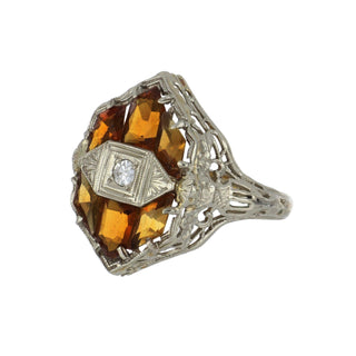 Vintage/Estate White 14K Gold Citrines Cluster/Halo Ring with Diamond