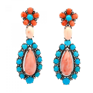 Maharaja Sterling Silver Corals Drop Earrings with Turquoises