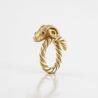 Vintage 1990s 18K Gold Ram's Head Ring with Rubies