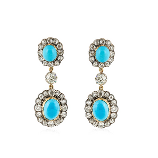 Victorian Silver topped Gold Turquoise Drop Earrings with Diamonds