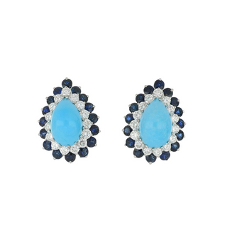 18K White Gold Turquoises Clip Earrings with Sapphires