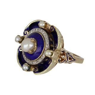 Victorian Revival Gold & Platinum Cultured Pearl Enamel Target Ring