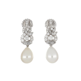 White 14K Gold Diamonds Drop Earrings with Pearls