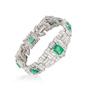 Vintage/Estate White Platinum Emeralds Link Bracelet with Diamonds