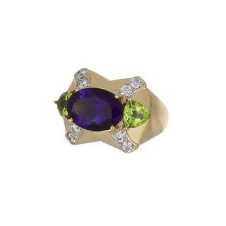 Estate 18K Gold Amethyst and Peridot Ring with Diamonds